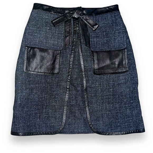 Robert Rodriguez Skirt Gray Tweed Wool & Black Leather Accent Bow Pockets Size 6 - Picture 1 of 6